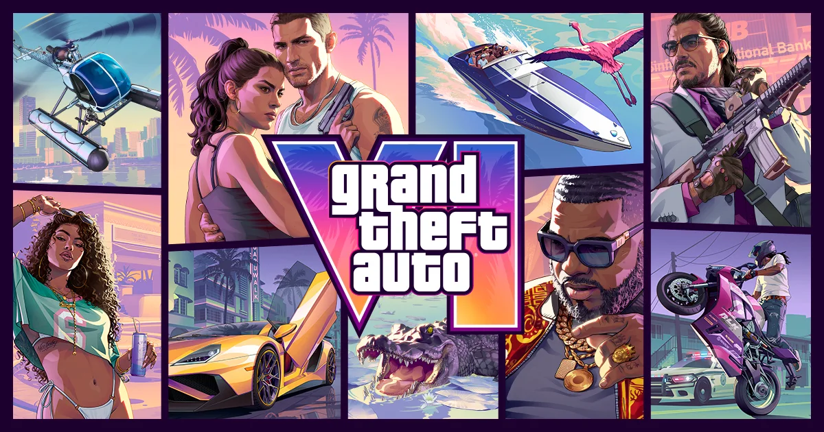 Official Grand Theft Auto VI collage featuring the game logo, characters, vehicles, and Vice City scenes